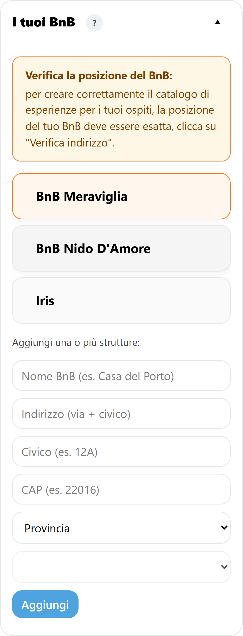 Host dashboard: panoramica e lista BnB