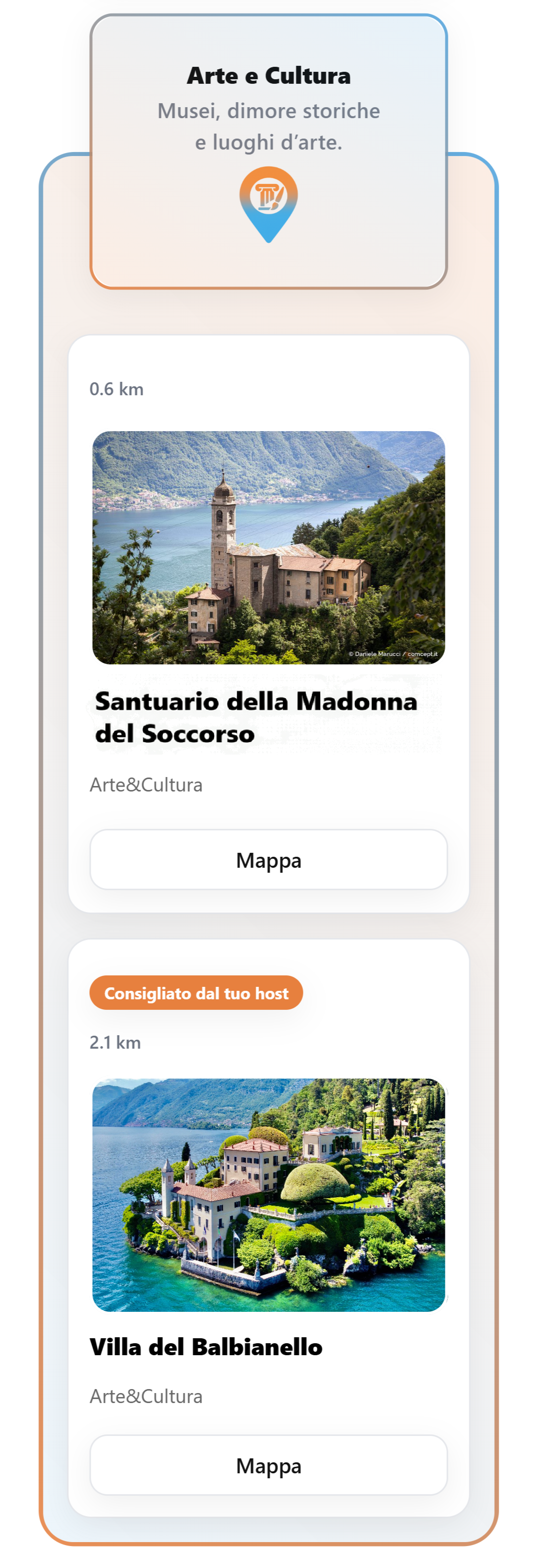 Tourist dashboard: categorie e lista esperienze con distanze e pulsante Mappa (screenshot lungo)